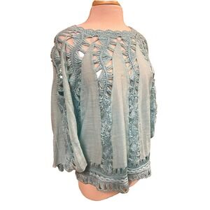 Chico's SZ 3 Breezy Coverup Top Crochet & Fabric Short Wing Sleeves Bateau Neck